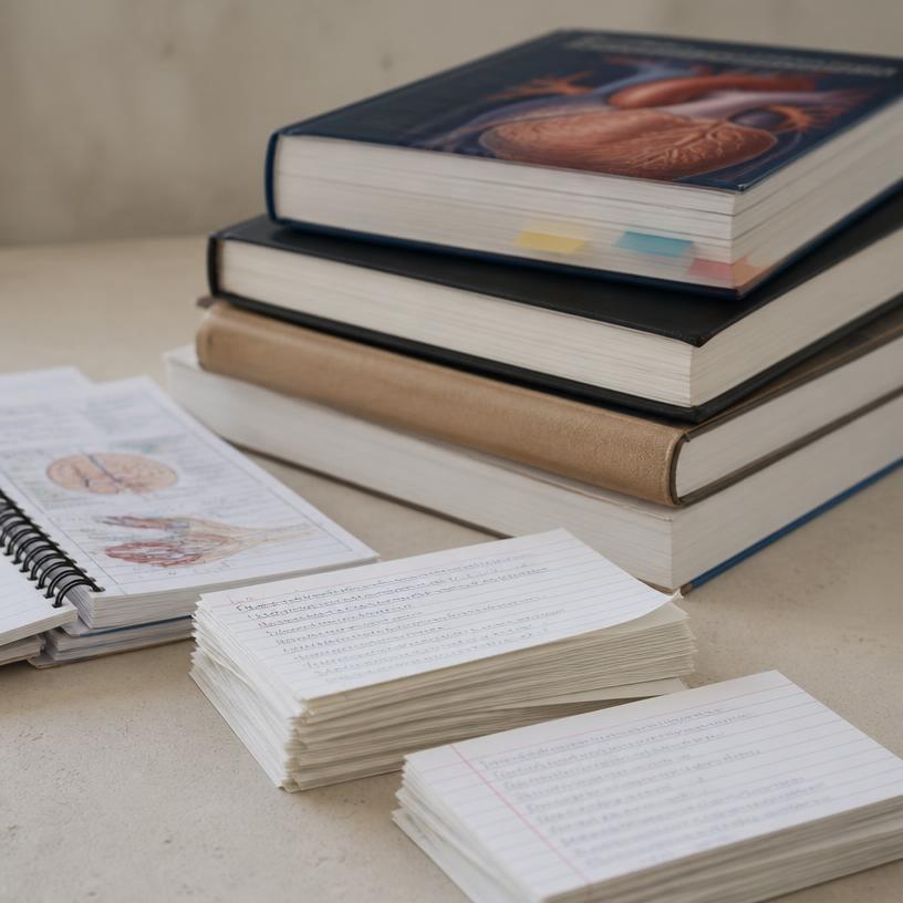 Livros de medicina e fichas de estudo manuscritas empilhadas