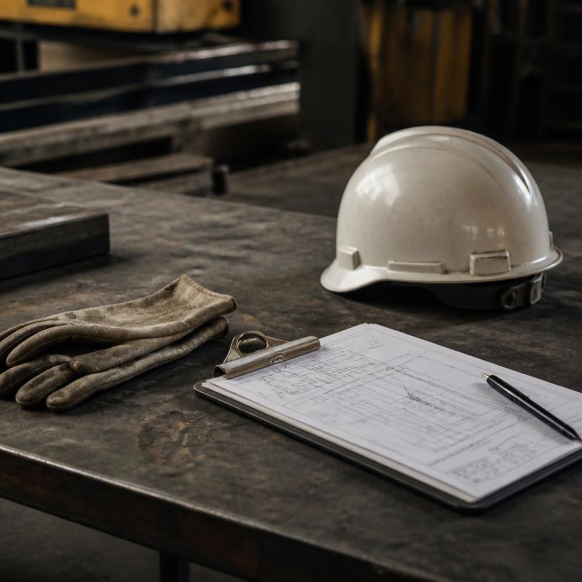 Bancada industrial com capacete, luvas de proteção e prancheta técnica